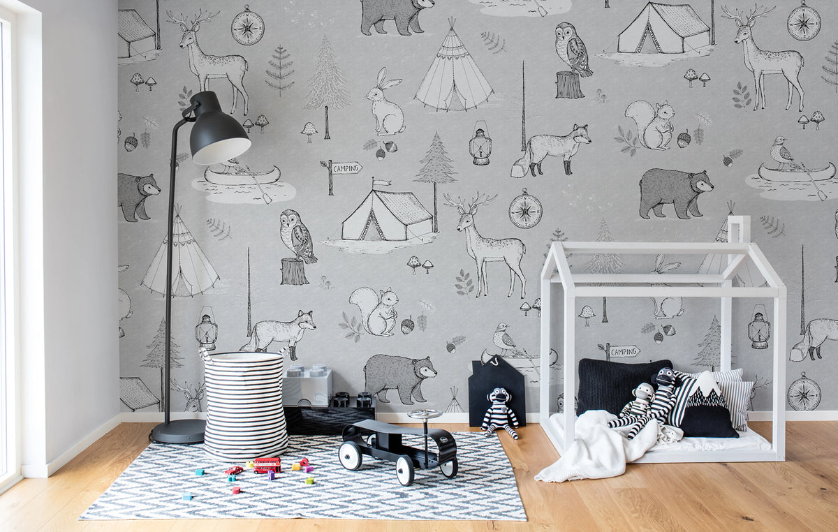 Camping Trip, Gray Mural Wallpaper - room preview 02