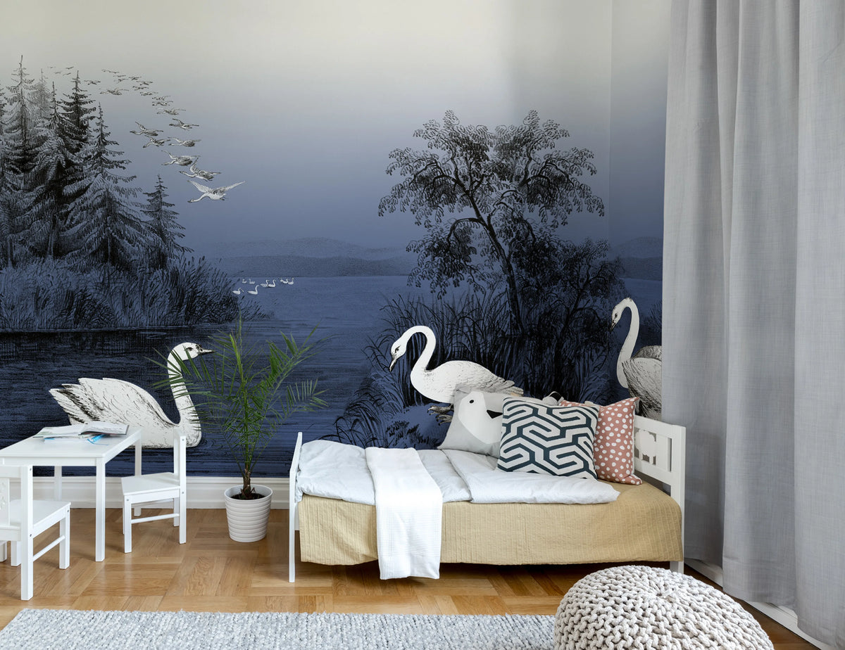 Swan Lake, Nightfall Mural Wallpaper - room preview 02