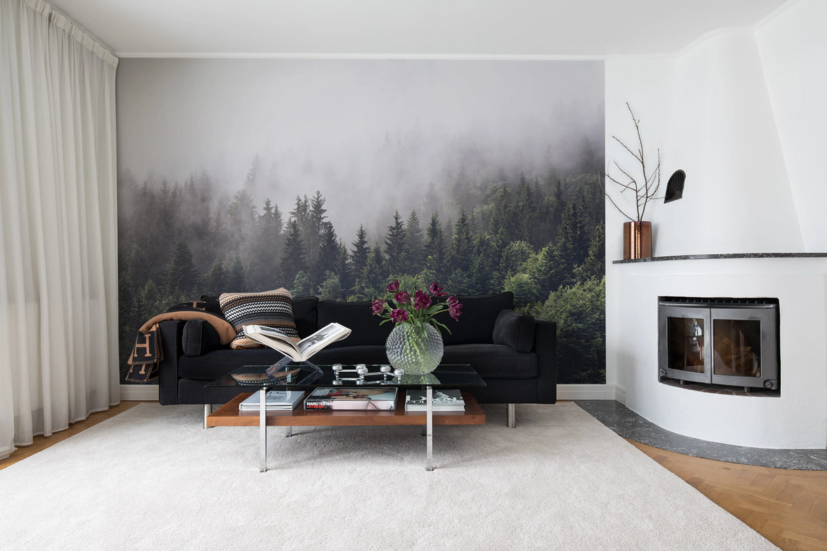 Misty Fir Forest Mural Wallpaper - room preview 02