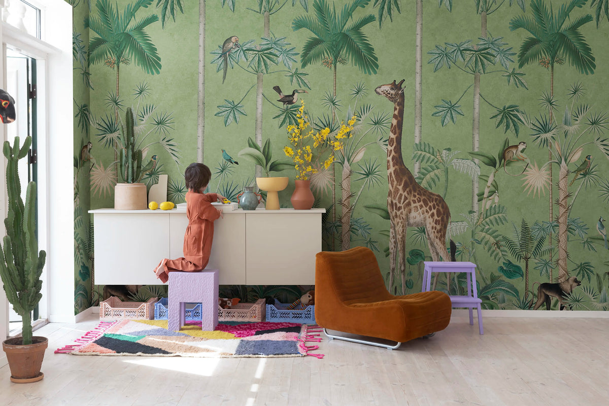 Giraffes Stroll, Emerald Mural Wallpaper - room preview 02