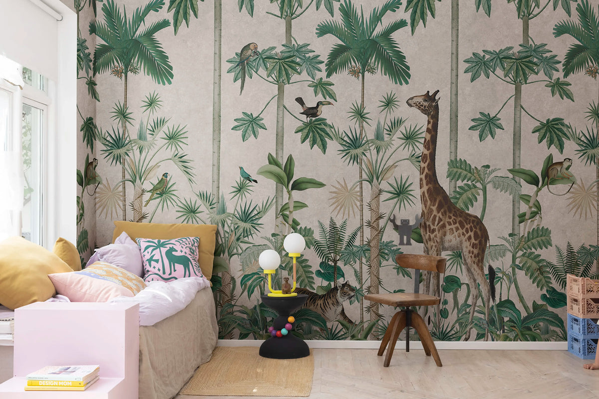 Giraffes Stroll, Pastel Pink Mural Wallpaper - room preview 02