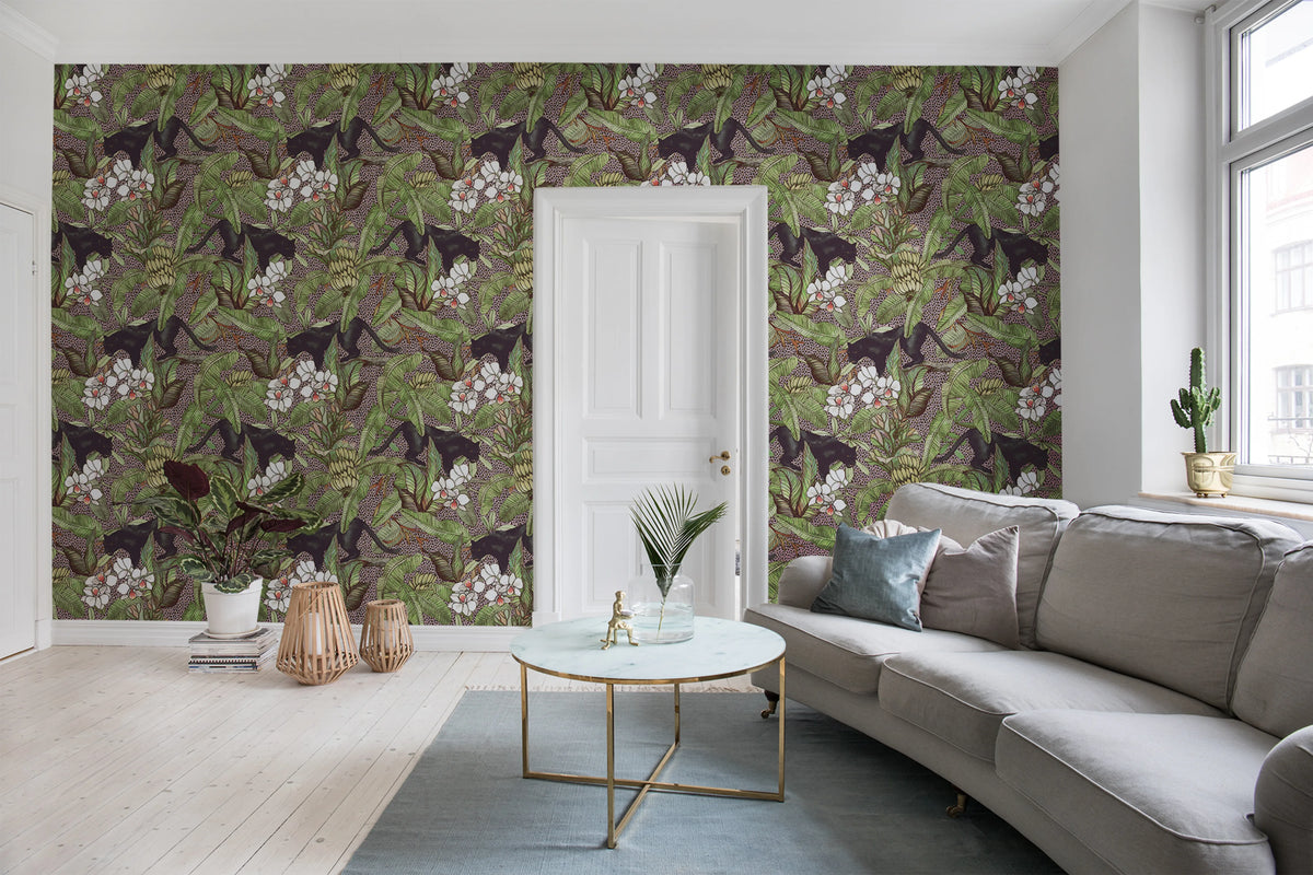 Alluring Panthers, Pink Mural Wallpaper - room preview 02