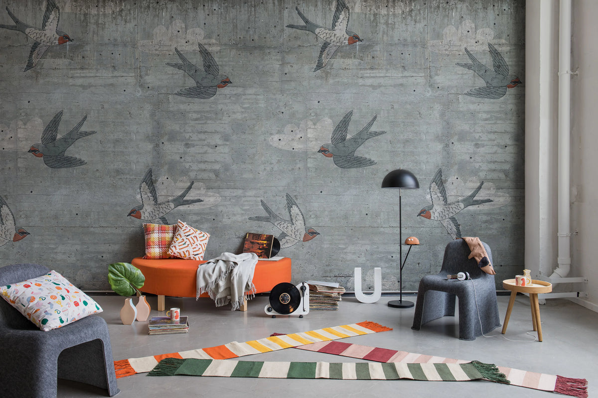 Concrete Art, Swallow Mural Wallpaper - room preview 02