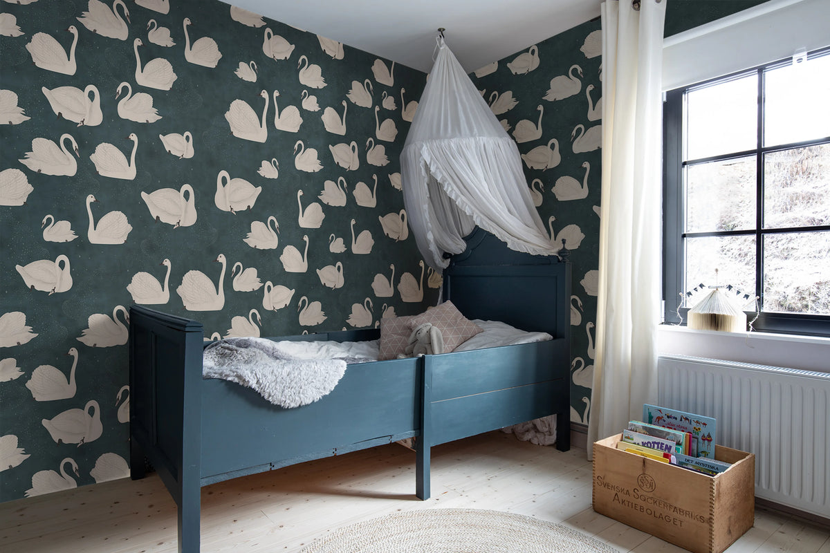 Cygne, Bleu Mural Wallpaper - room preview 02