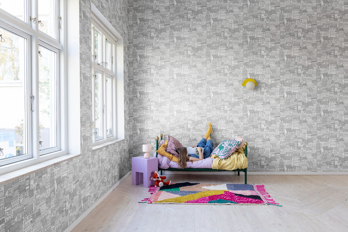 Dream Town, Graphite Mural Wallpaper - room preview 02