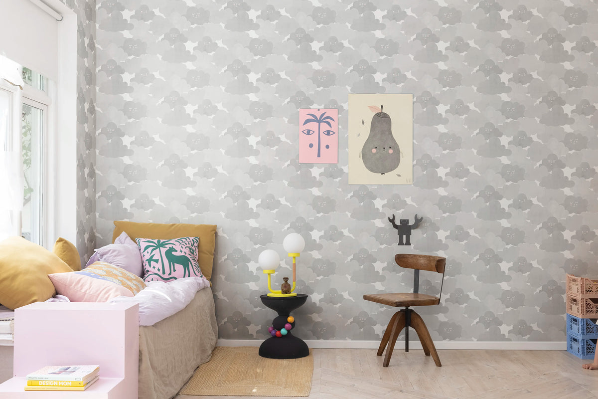 Happy Clouds, Graphite Mural Wallpaper - room preview 02