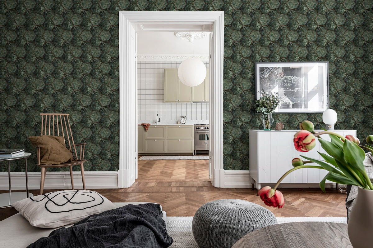 Hexagon Tiles Emerald Mural Wallpaper - room preview 02