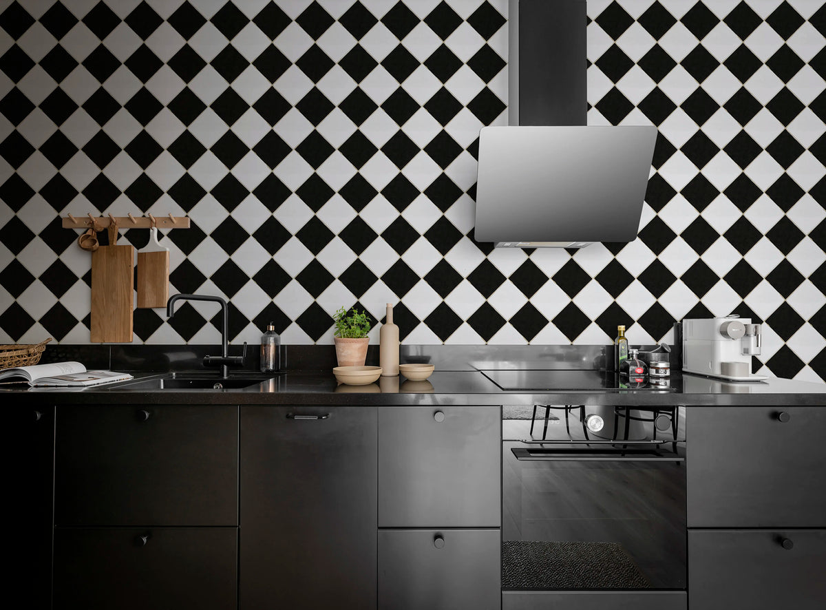 Checkered Tiles, Black & White Mural Wallpaper - room preview 02