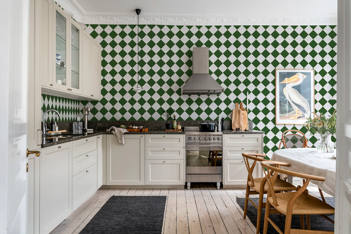 Checkered Tiles, White & Green Mural Wallpaper - room preview 02