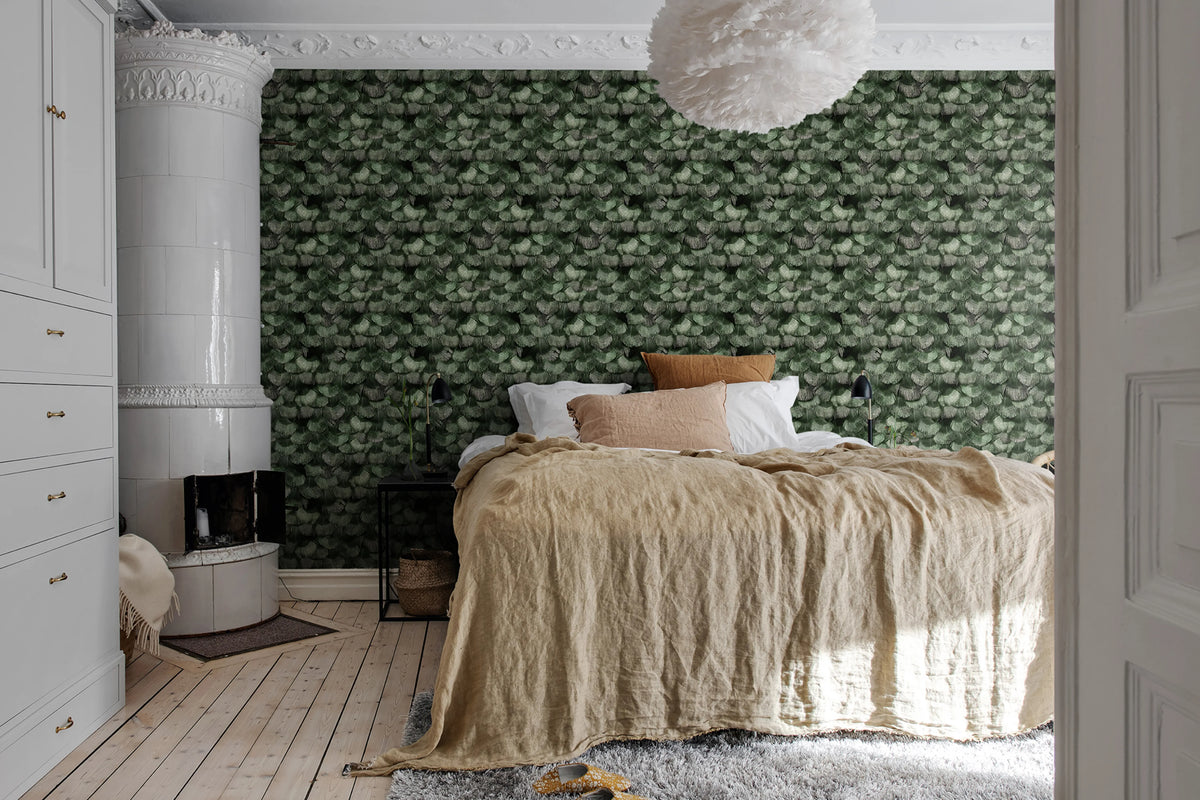 Petite Peackock Plumage, Jade Mural Wallpaper - room preview 02