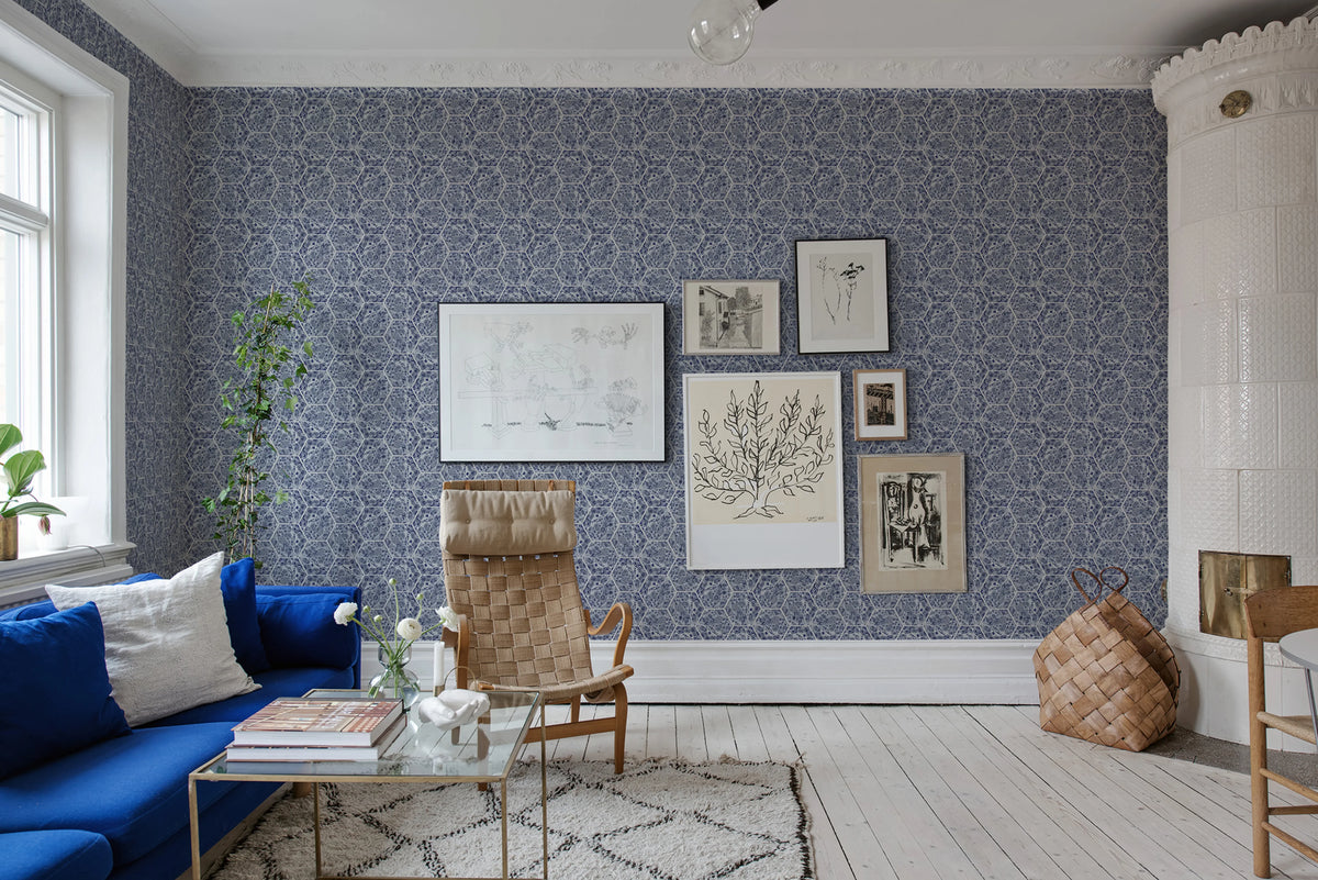 Marbled Hexagon Tiles, Dark Blue Mural Wallpaper - room preview 02