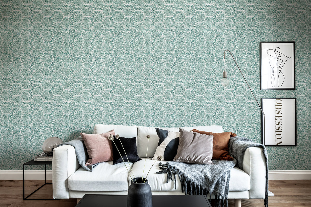 Marbled Hexagon Tiles, Green Mural Wallpaper - room preview 02