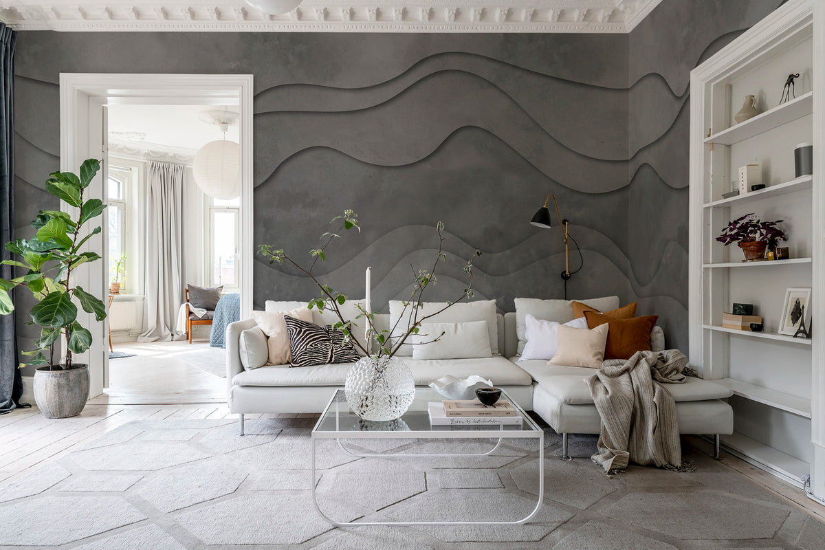 3D Wave, Gray Mural Wallpaper - room preview 02