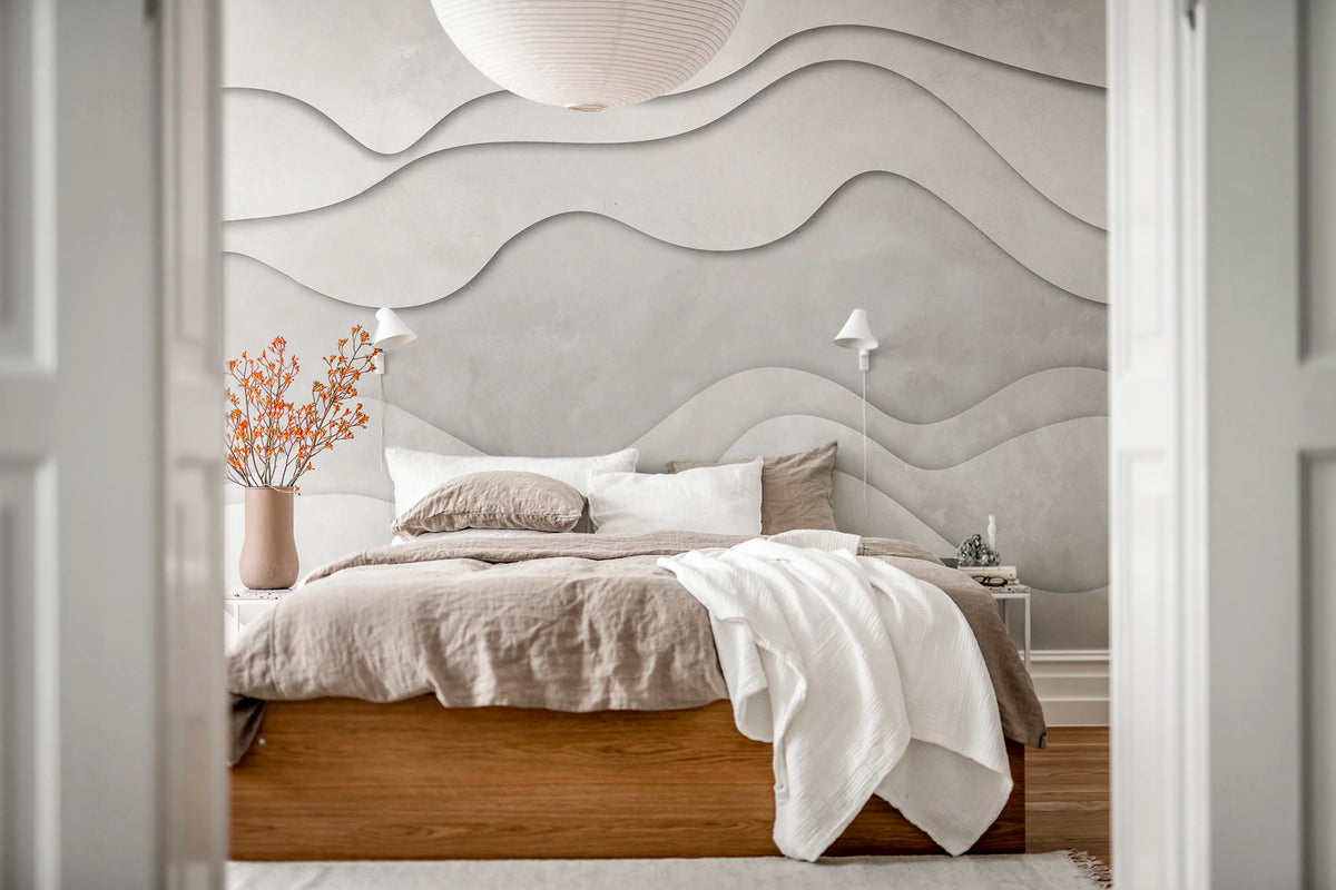 3D Wave, White Mural Wallpaper - room preview 02