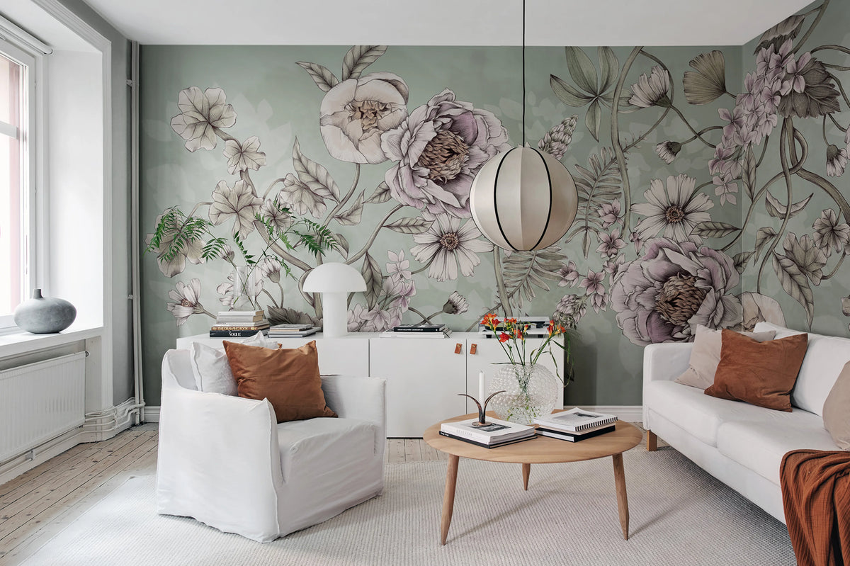 Spring Flower, Green Mural Wallpaper - room preview 02