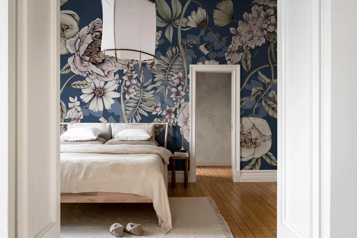 Spring Flower, Dark Blue Mural Wallpaper - room preview 02