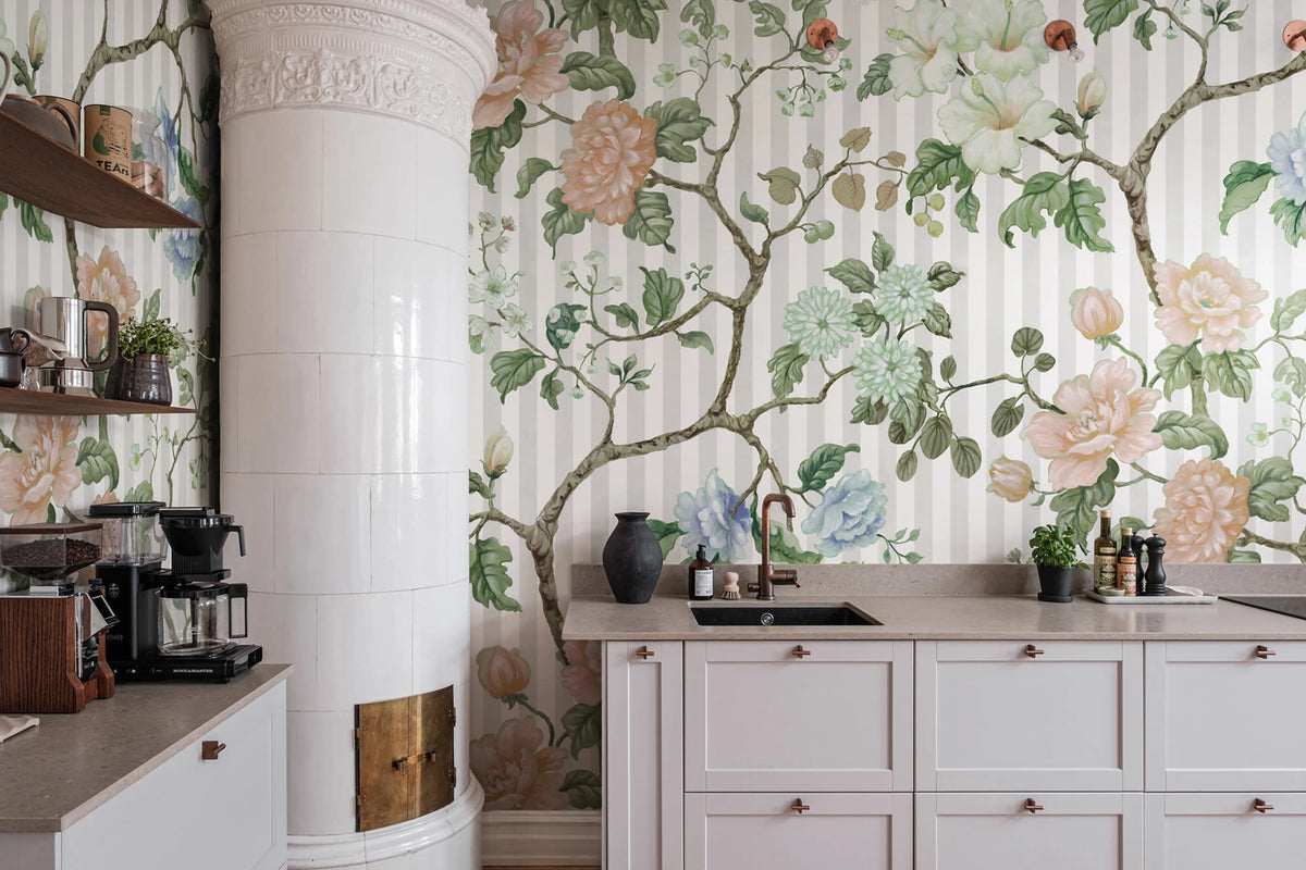 Rose Stripe, White Mural Wallpaper - room preview 02