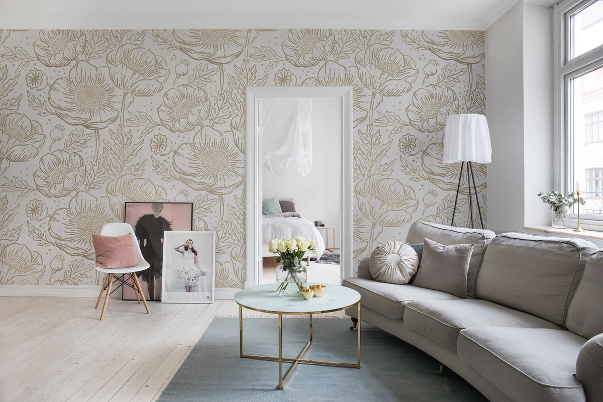 Golden Poppy, White Mural Wallpaper - room preview 02