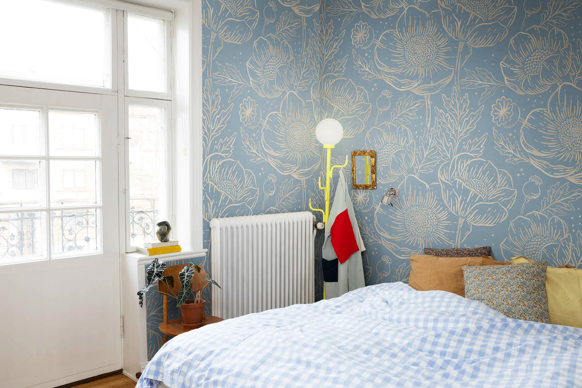 Golden Poppy, Baby Blue Mural Wallpaper - room preview 02