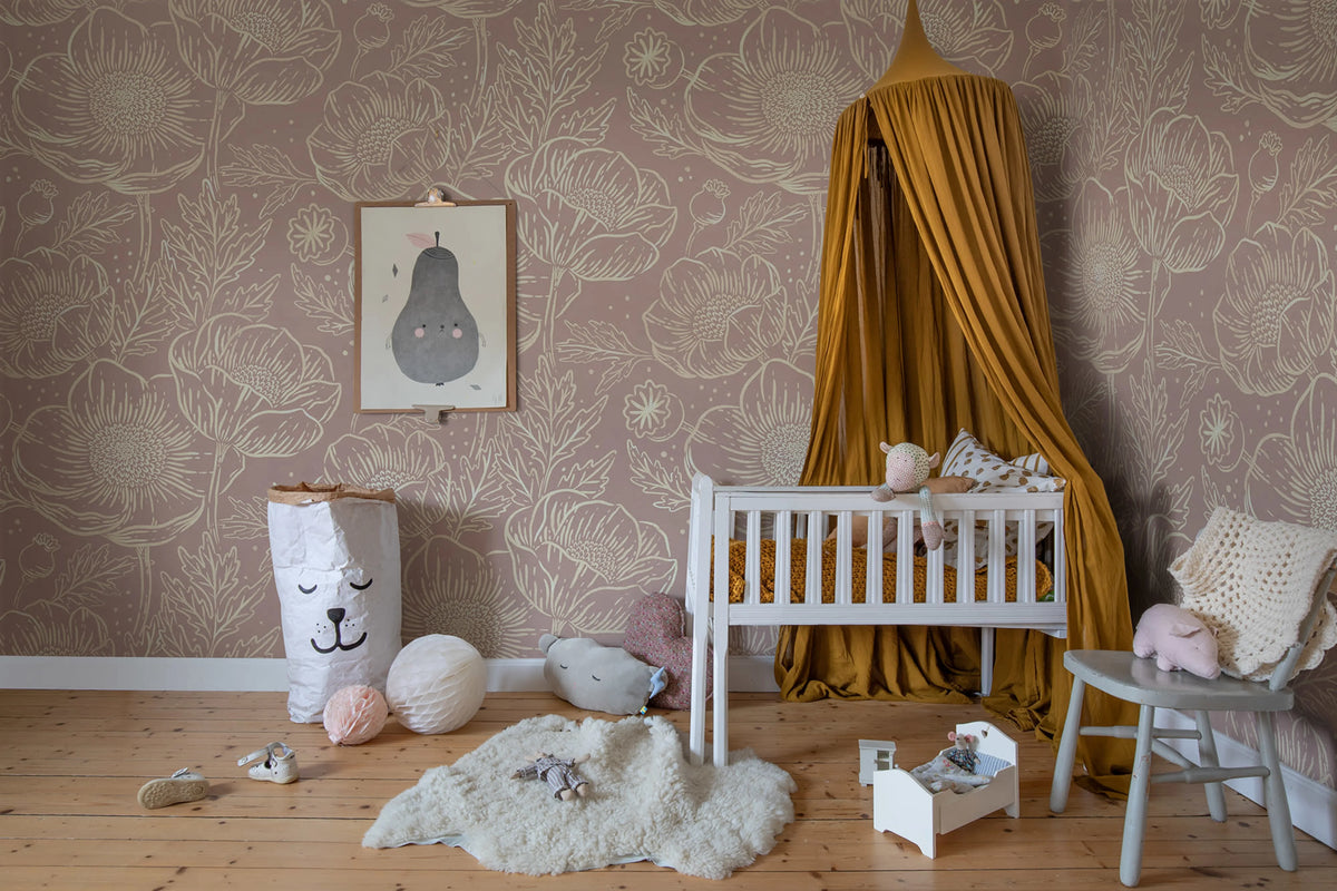 Golden Poppy, Dusty Pink Mural Wallpaper - room preview 02