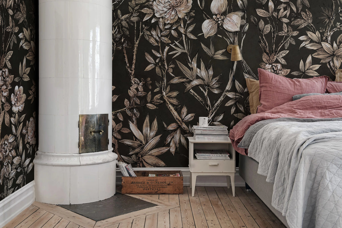 Silk Floral, Midnight Mural Wallpaper - room preview 02
