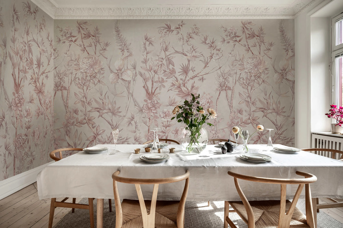 Silk Floral, Dusty Pink Mural Wallpaper - room preview 02