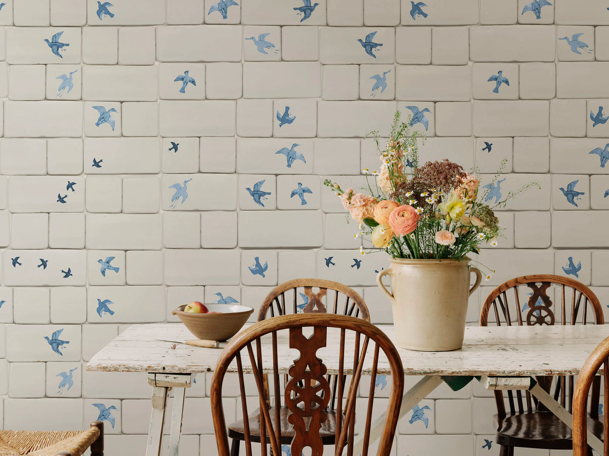 Flight of Tiles, Blue Mural Wallpaper - room preview 02