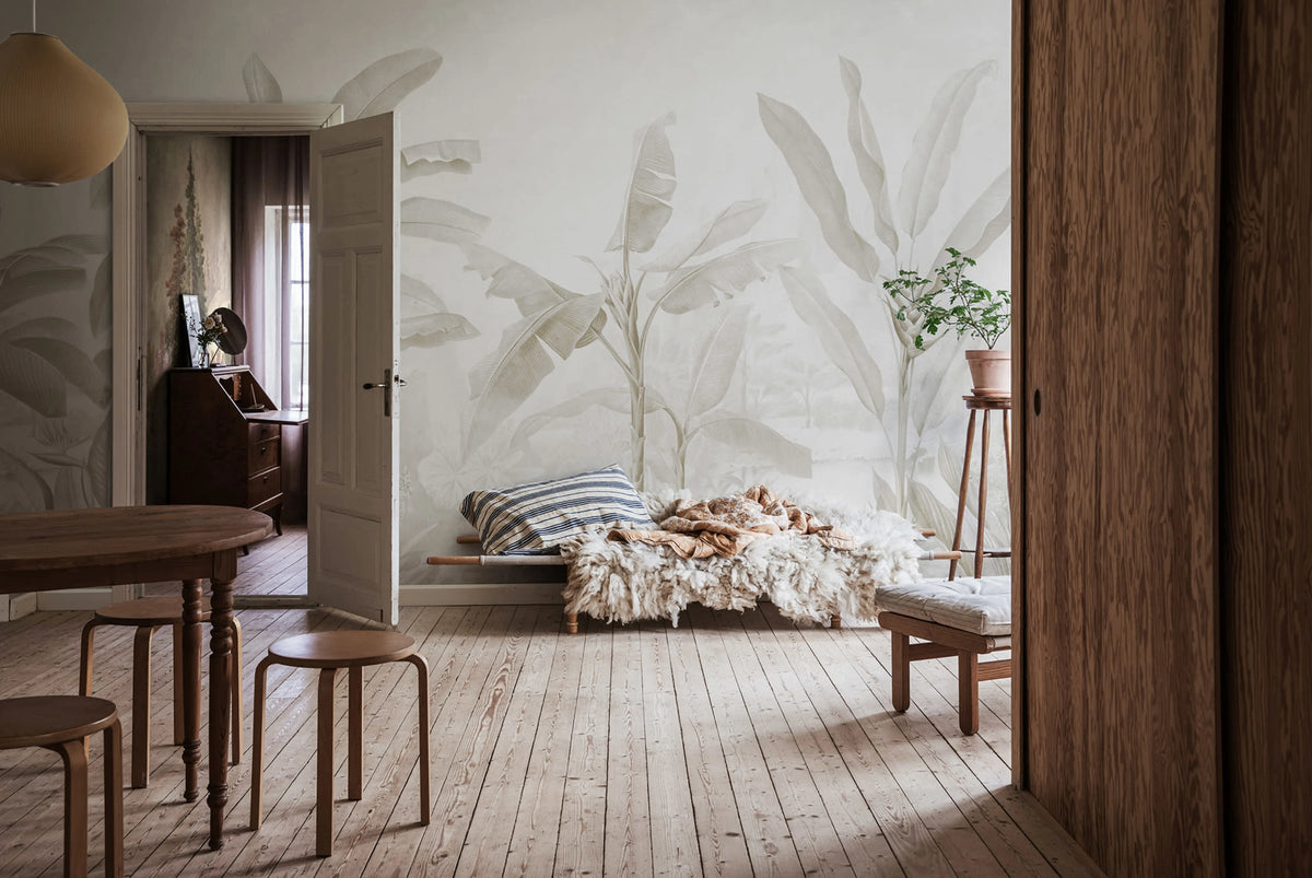 Tropical Palms, Beige Mural Wallpaper - room preview 02