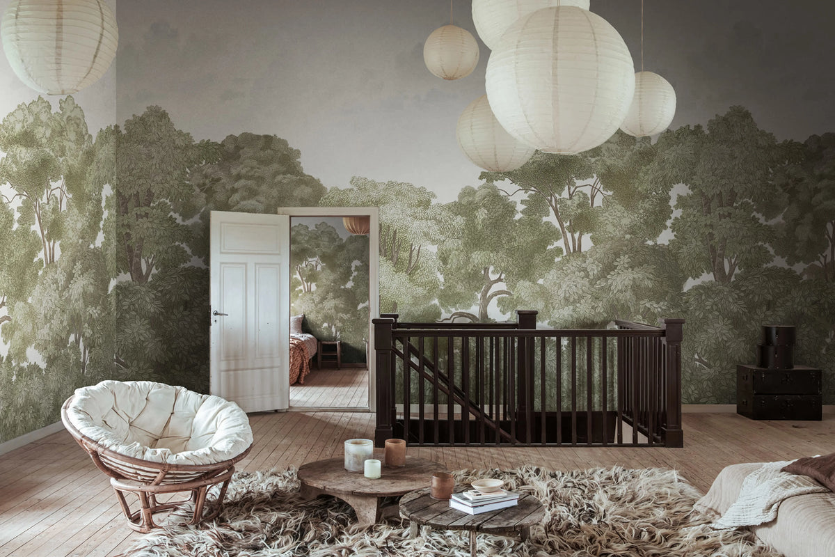 Bellewood Clouds, Green Vintage Mural Wallpaper - room preview 02