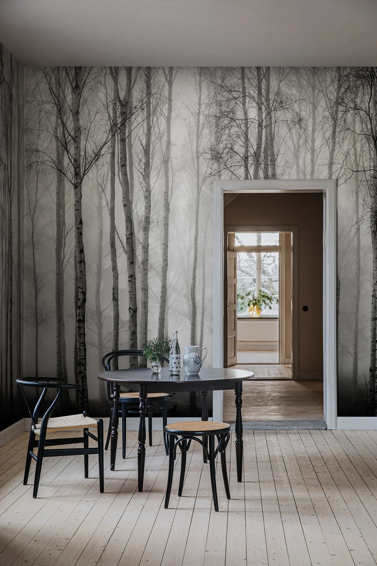 Birch Fog, Black & White Mural Wallpaper - room preview 02
