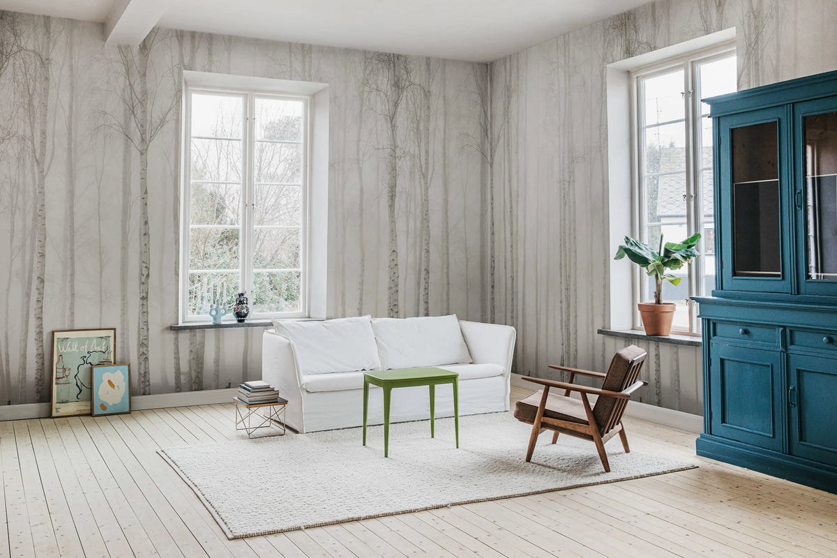 Birch Fog, White Mural Wallpaper - room preview 02