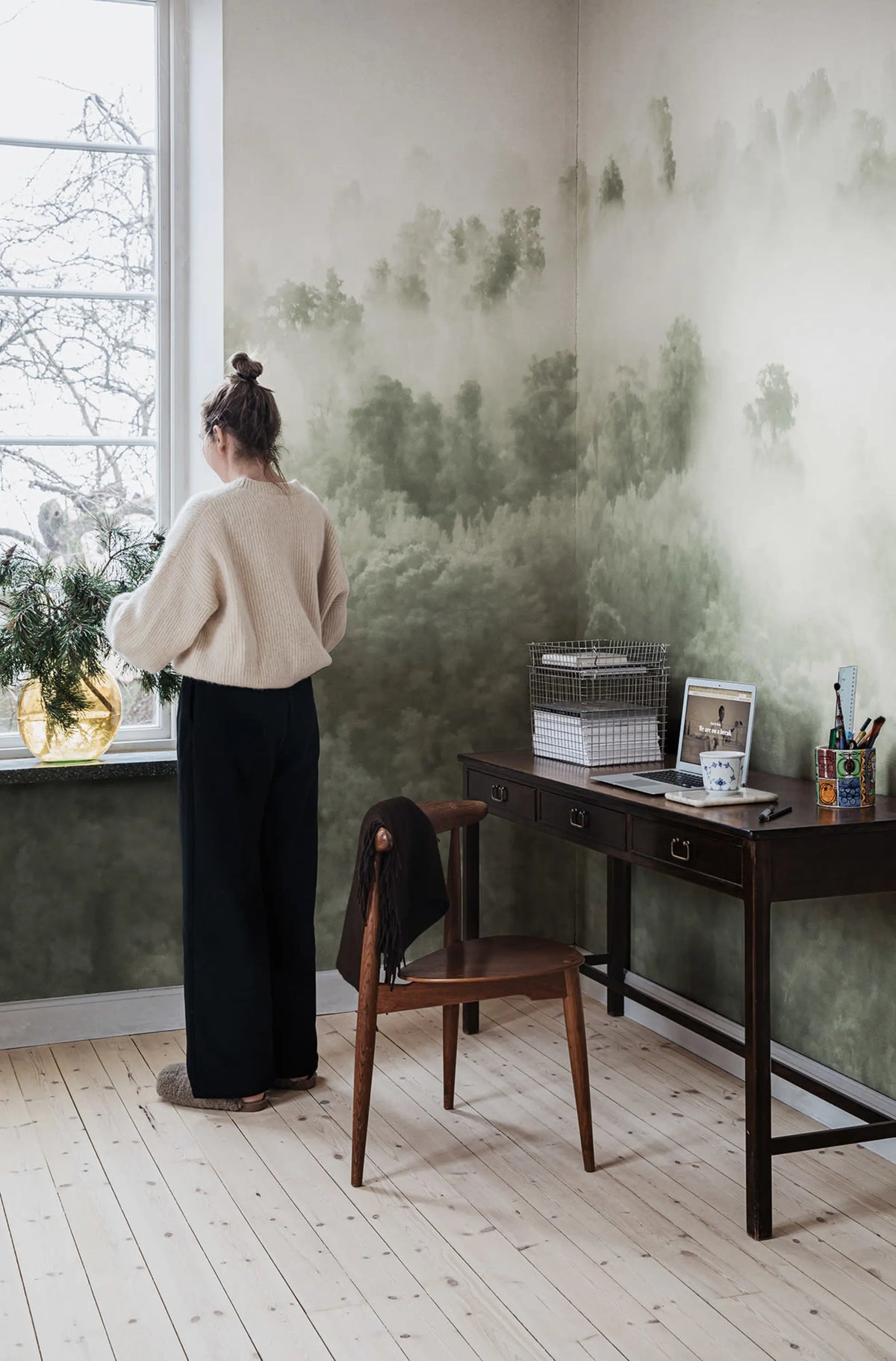 Misty Woodland, Light Green Mural Wallpaper - room preview 02