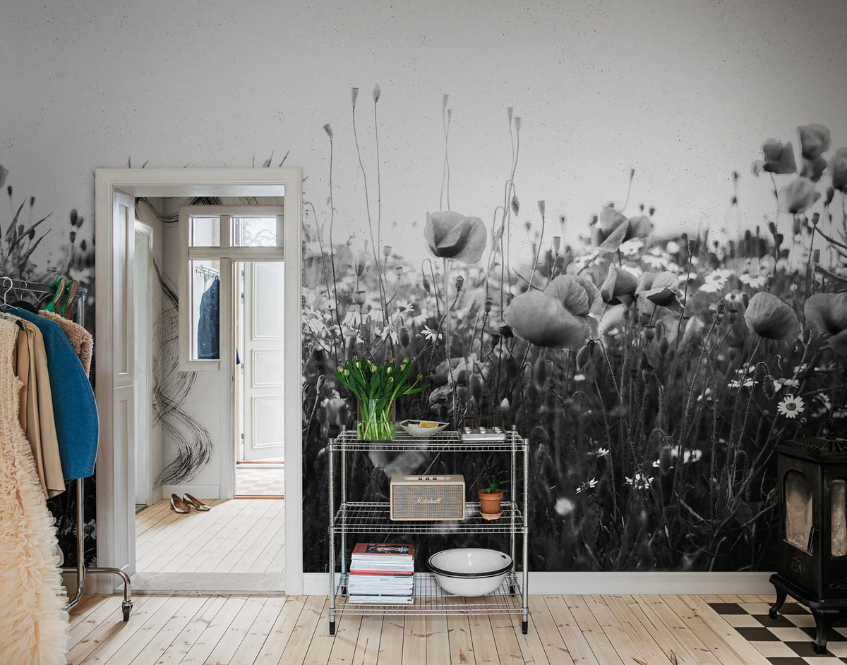 Poppy Field, Black & White Mural Wallpaper - room preview 02