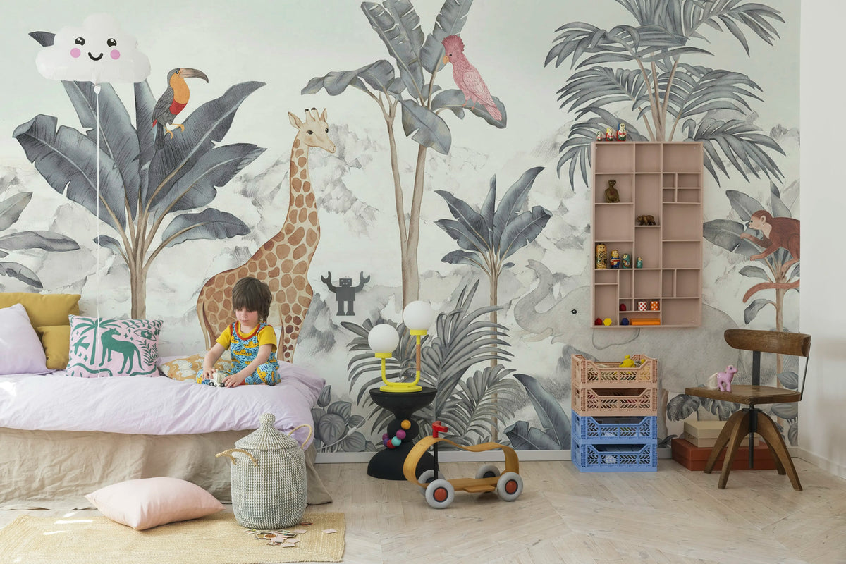 Friends of the jungle, Blue Mural Wallpaper - room preview 02