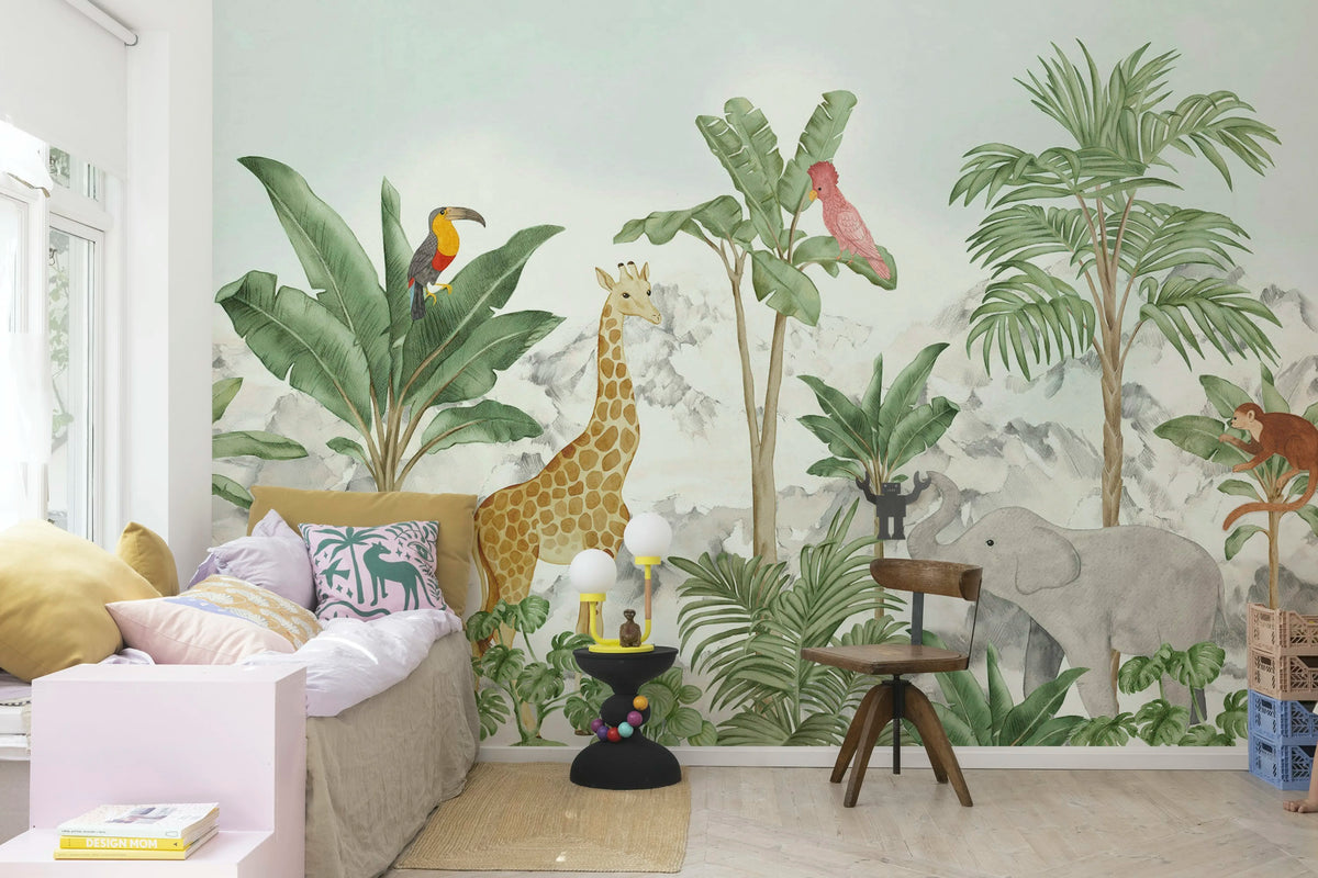 Friends of the jungle, Green Mural Wallpaper - room preview 02