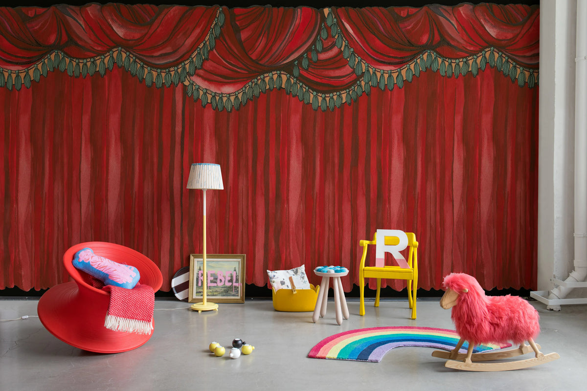 Behind the Curtains, Red Mural Wallpaper - room preview 02