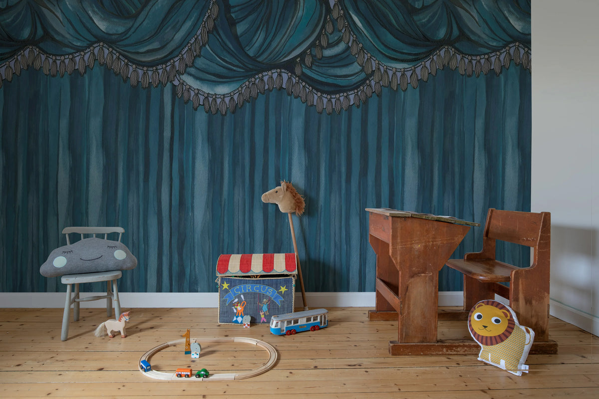 Behind the Curtains, Blue Mural Wallpaper - room preview 02