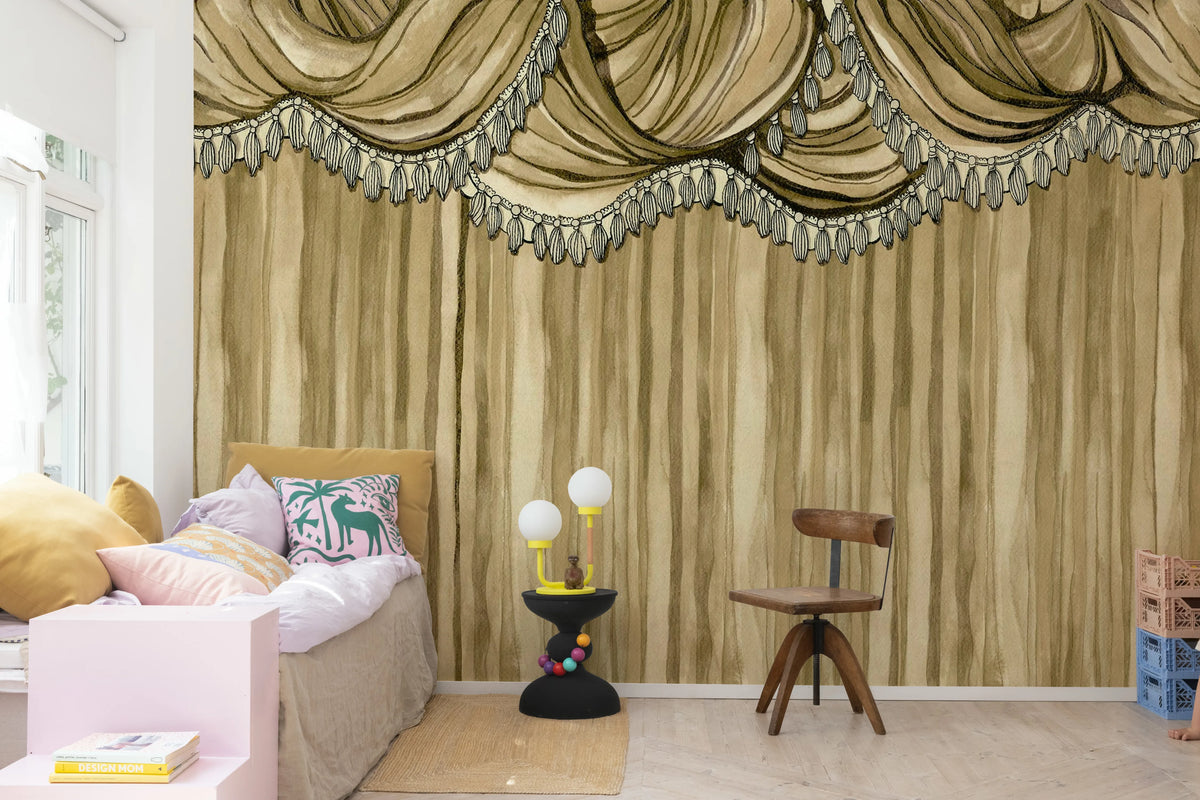 Behind the Curtains, Beige Mural Wallpaper - room preview 02