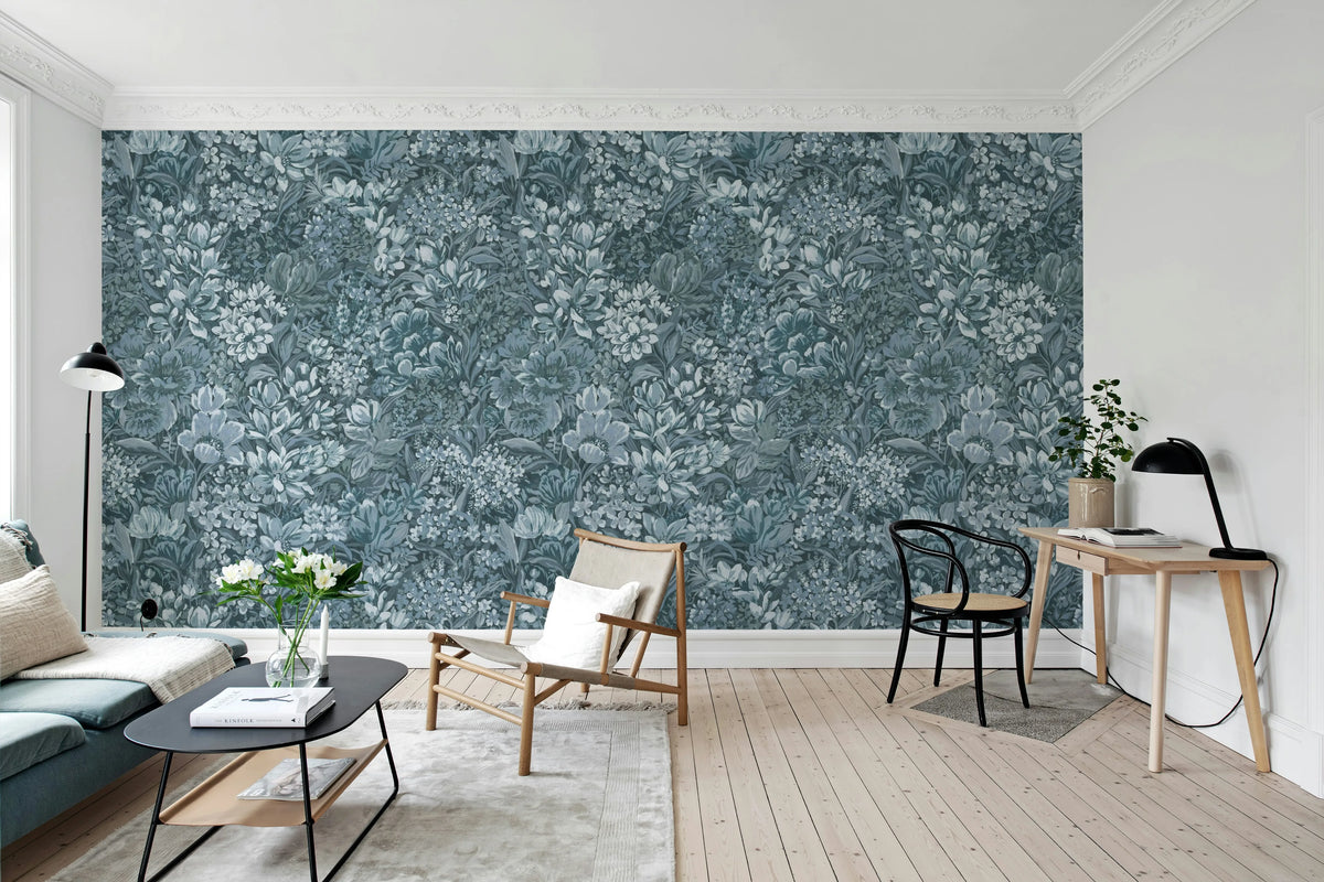 Floral Garden, Blue Mural Wallpaper - room preview 02
