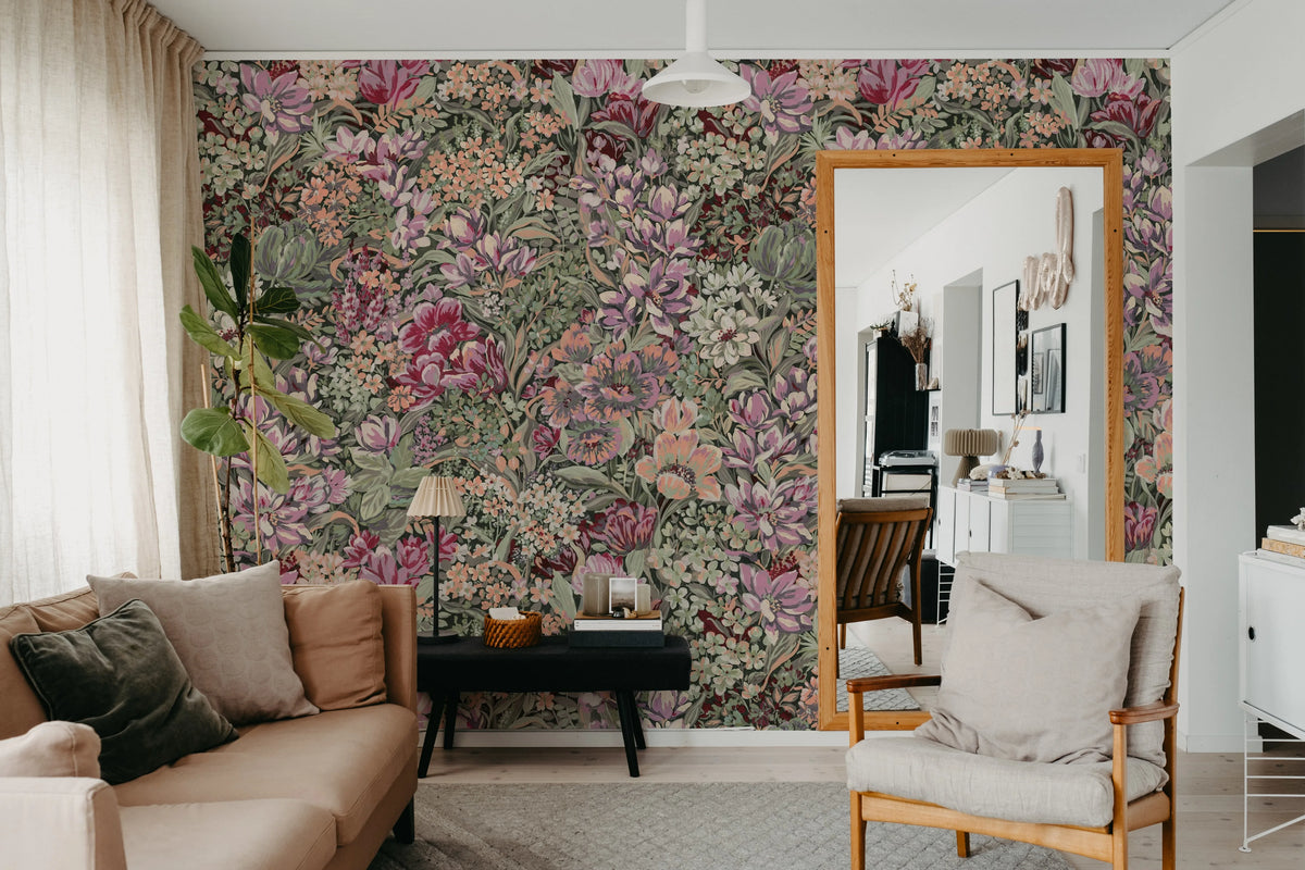 Floral Garden, Red Mural Wallpaper - room preview 02