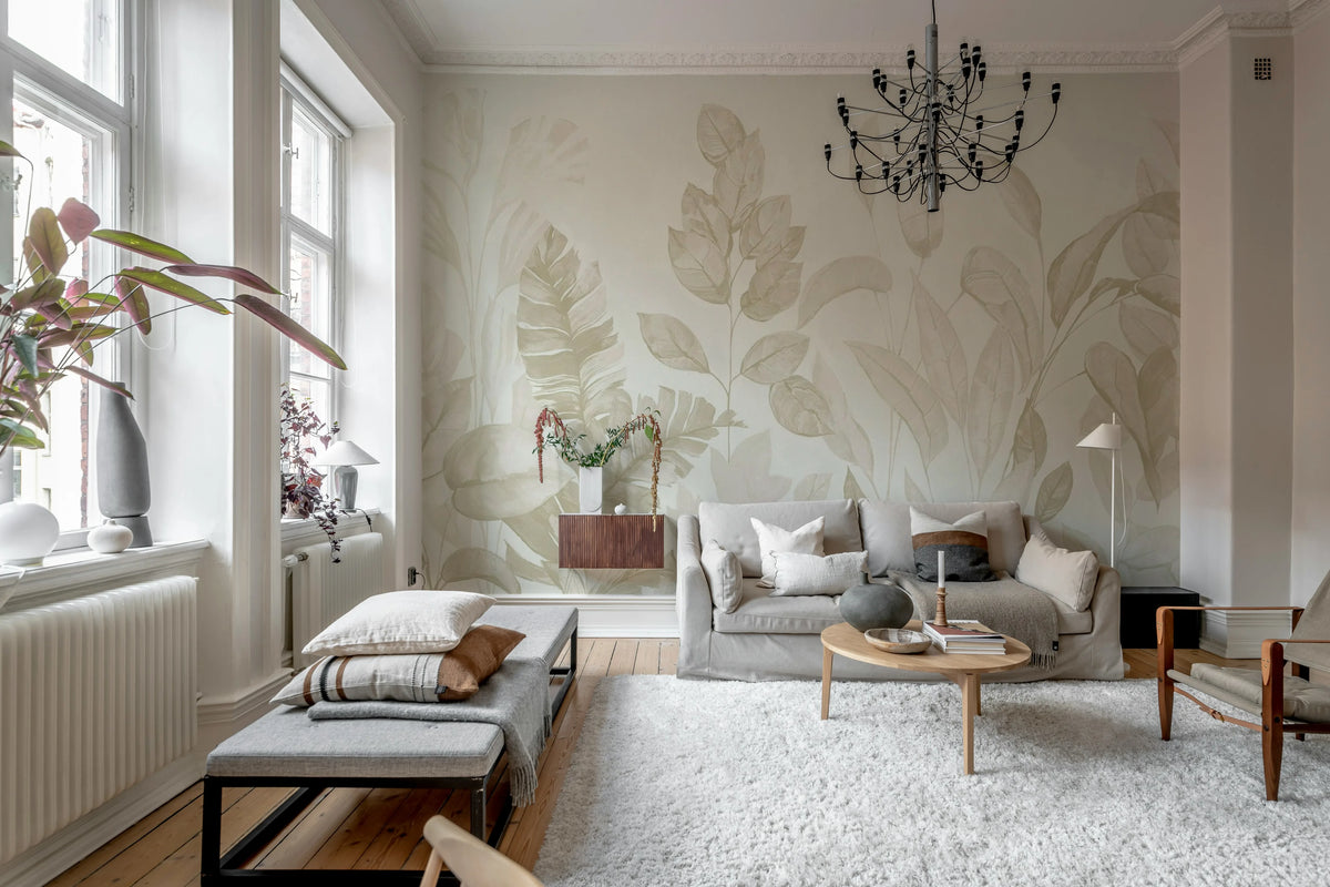Happy Plants, Beige Mural Wallpaper - room preview 02