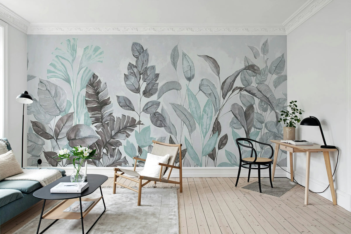 Happy Plants, Blue Mural Wallpaper - room preview 02