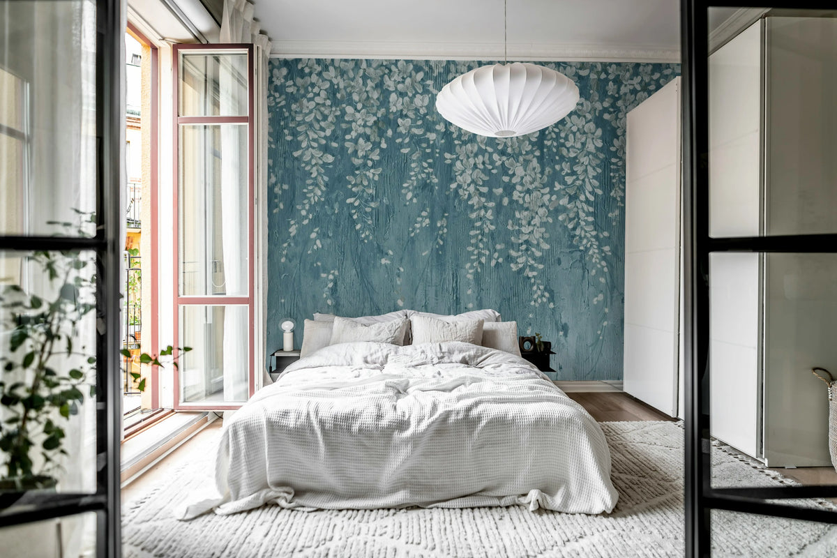 Draped Blossoms, Dark Blue Mural Wallpaper - room preview 02