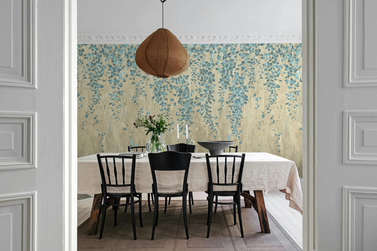 Draped Blossoms, Blue Mural Wallpaper - room preview 02