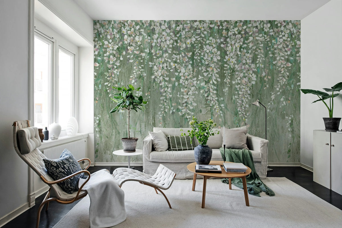 Draped Blossoms, Green Mural Wallpaper - room preview 02