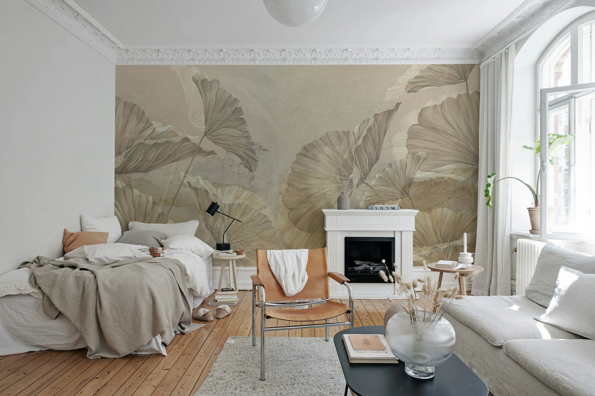 Shadow Leaf, Beige Mural Wallpaper - room preview 02