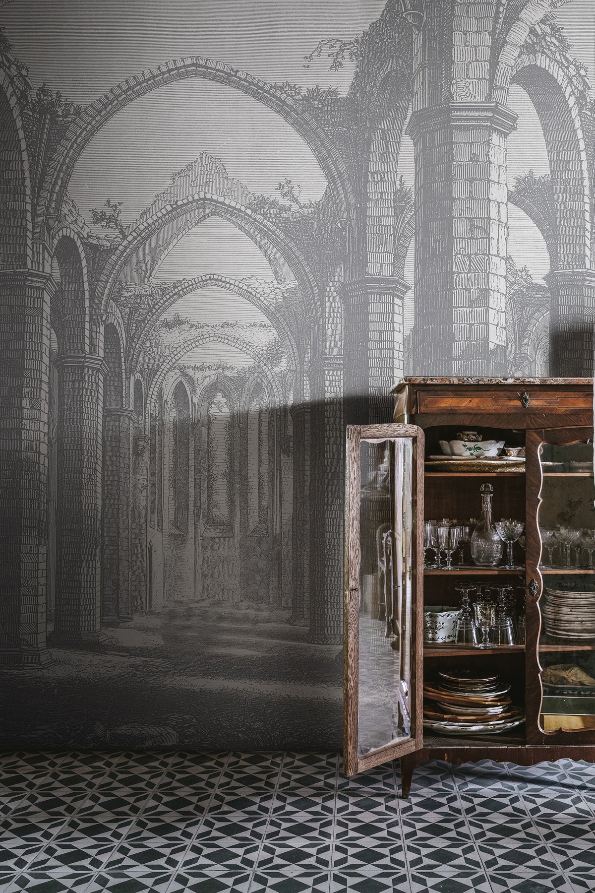 Gothic Arches, Gray Mural Wallpaper - room preview 02