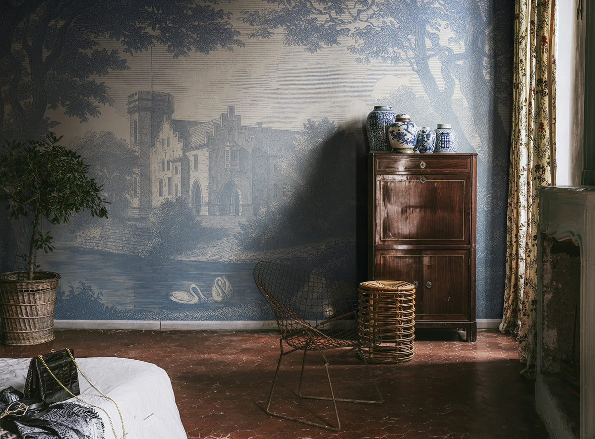 Swan Pond, Blue Mural Wallpaper - room preview 02