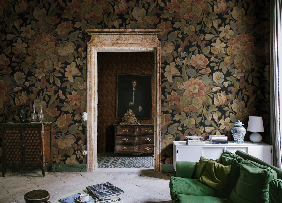 Vintage Flora, Ebony Mural Wallpaper - room preview 02