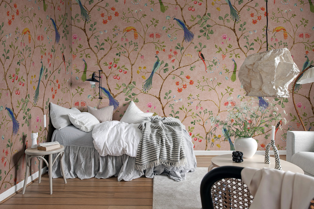 Songbirds, Pink Mural Wallpaper - room preview 02